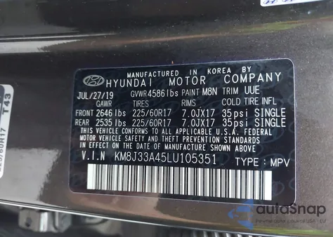 2020 Hyundai Tucson Value z USA, uszkodzony, nr VIN KM8J33A45LU105351